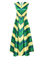 Load image into Gallery viewer, Yellow And Green V Neck Stripes 1950S Hepburn Style Outfits Vintage Swing Dress