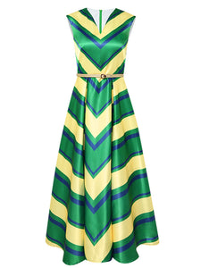 Yellow And Green V Neck Stripes 1950S Hepburn Style Outfits Vintage Swing Dress
