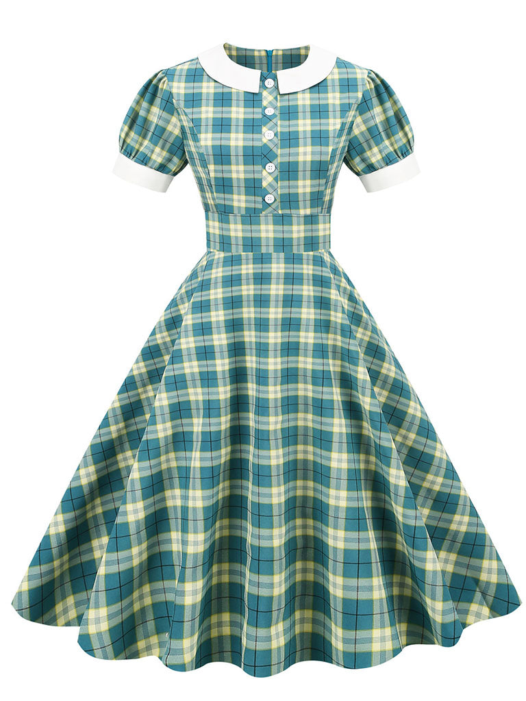 Green Plaid Peter Pan Collar Hepburn Style Puff Short Sleeved Elegant 1950S Swing Dress, Green / 2XL Green Plaid Peter Pan Collar Hepburn Style Puff Short Sleeved Elegant 1950S Swing Dress, Green / 2XL