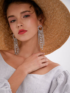 925 Silver Needle Faux Rhinestone Tassel Long Earrings