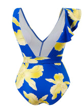Load image into Gallery viewer, Blue Floral Print Ruffles Strap One Piece With Bathing Suit Wrap Skirt