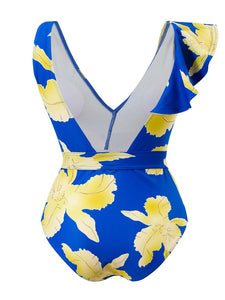 Blue Floral Print Ruffles Strap One Piece With Bathing Suit Wrap Skirt