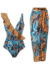 Load image into Gallery viewer, Blue Leopard Print V Neck One Piece With Bathing Suit Wrap Skirt
