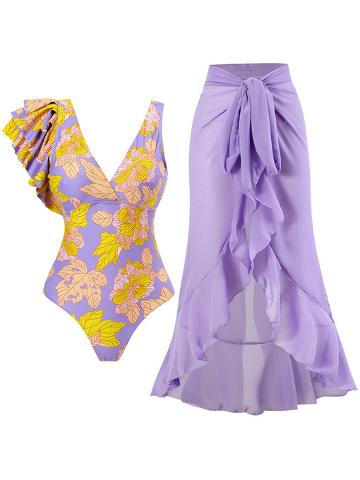 Purple Leaf Print V Neck One Piece With Bathing Suit Wrap Skirt