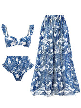 Load image into Gallery viewer, Blue Floral Print Retro Style Strap Bikini Two Piece With Bathing Suit Swing Skirt