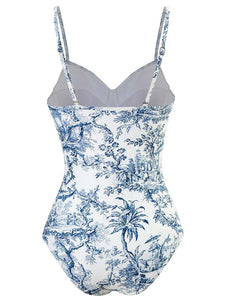 Romantic Floral Print Strap One Piece With Bathing Suit Wrap Skirt