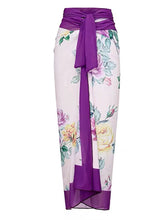 Load image into Gallery viewer, Purple Floral Print Bow Strap One Piece With Bathing Suit Wrap Skirt