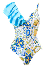 Load image into Gallery viewer, Pink Floral Print Ruffles Strap One Piece With Bathing Suit Wrap Skirt