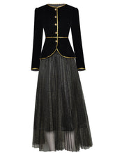 Load image into Gallery viewer, 2PS Black With Golden Embroidered Edges 1950S Vintage Classic Top And Tulle Skirt Suit