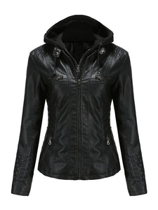 Winter‘s Coat Long Sleeve PU Leather With faux fur lined Warm Hooded Jacket For Women