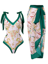 Load image into Gallery viewer, Floral Print Retro Style V Neck One Piece With Bathing Suit Wrap Skirt