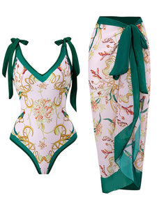 Floral Print Retro Style V Neck One Piece With Bathing Suit Wrap Skirt
