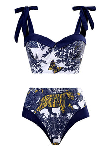 Animal Floral Print Strap Two Pieces With Bathing Suit Wrap Skirt