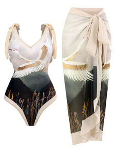 Cranes Bird Print Retro Style V Neck One Piece With Bathing Suit Wrap Skirt