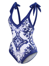 Load image into Gallery viewer, Blue And White Porcelain Retro Style V Neck One Piece With Bathing Suit Wrap Skirt