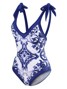 Blue And White Porcelain Retro Style V Neck One Piece With Bathing Suit Wrap Skirt