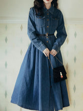 Load image into Gallery viewer, Denim Lapel Long Sleeve 1950S Swing Vintage Dress