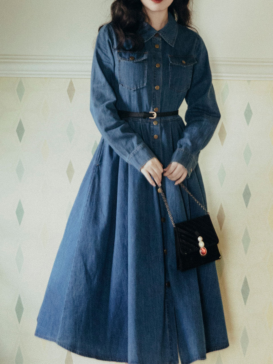 Denim Lapel Long Sleeve 1950S Swing Vintage Dress
