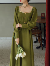 Load image into Gallery viewer, Green Embroidered Square Collar Puff Long Sleeve 1950S Dress