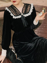 Load image into Gallery viewer, Black Semi-Sheer Velvet  Long Sleeve Lace Vintage Dress