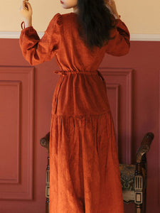 Orange V Neck Relief Jacquard Long Sleeve Vintage Dress