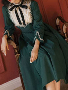 Dark Green Long Sleeve Ruffles Evdwardian Revival Dress