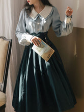 Load image into Gallery viewer, 1950S Vintage Peter Pan Puffed Sleeve Shirt And Striped Jacquard Swing Skirt Set