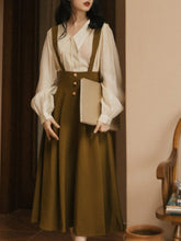 Load image into Gallery viewer, 2PS Apricot Long Sleeve Blouse And ArmyGreen Pockets Swing Strap Skirt Dresss Set