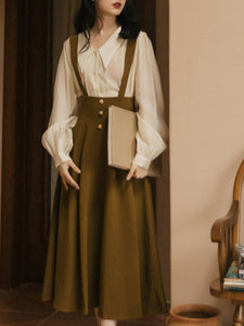 2PS Apricot Long Sleeve Blouse And ArmyGreen Pockets Swing Strap Skirt Dresss Set