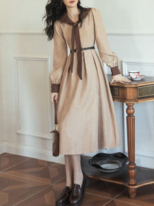 BowKnot Collar Long Sleeve Swing Dress 1950S Hepburn Style Outfits