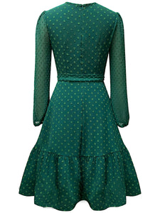 Dark Green Crew Neck Long Sleeve 1950S A Line Vintage Dress With Belt