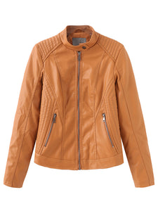 Women‘s Pu Leather Jacket Stand Collar Long Sleeve Coat