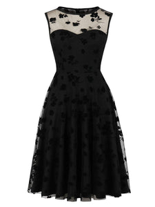 Black Lace Flower Semi-sheer Short Sleeve Dress