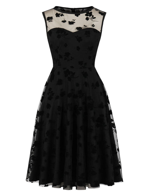 Black Lace Flower Semi-sheer Short Sleeve Dress