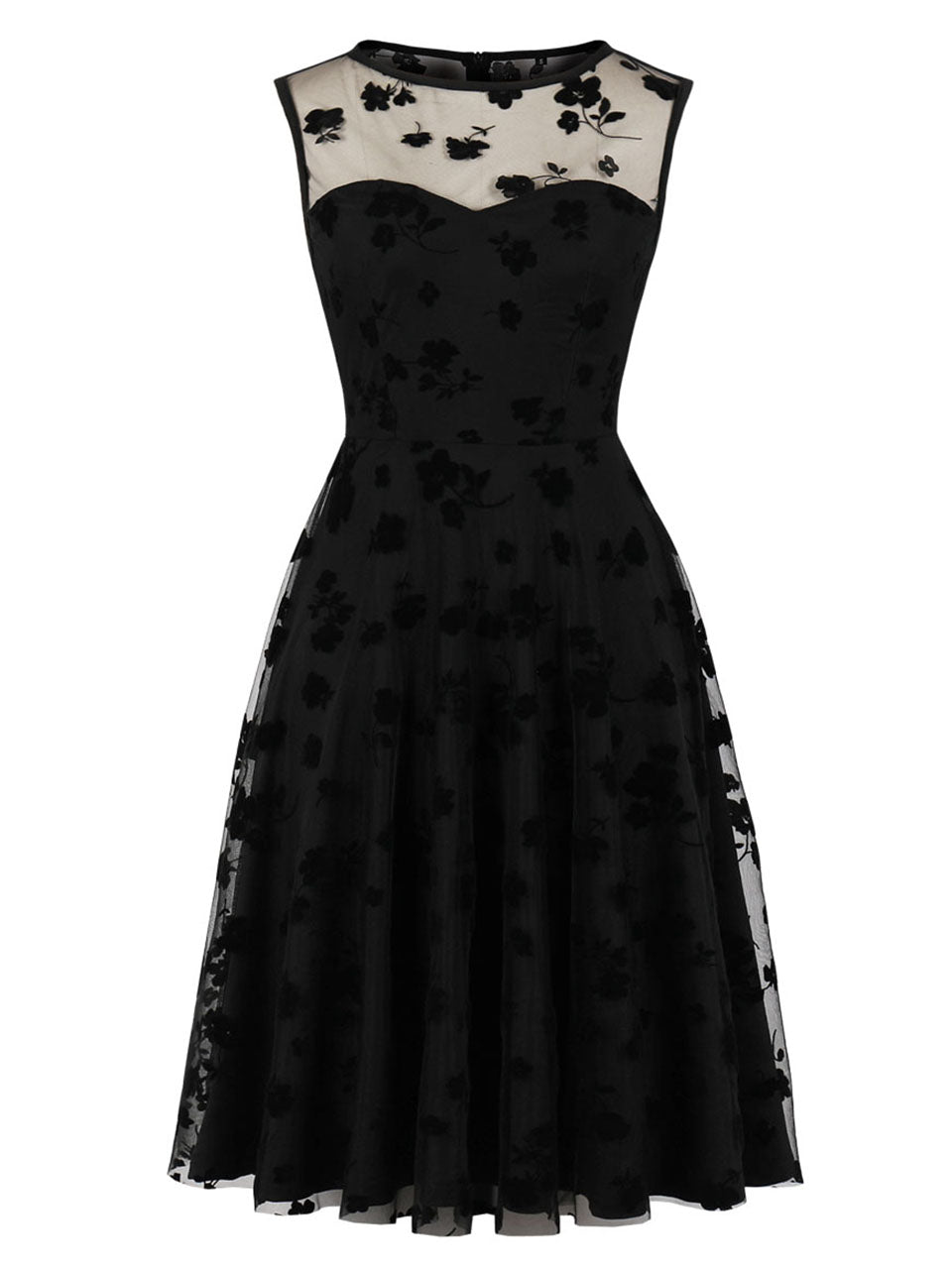 Black Lace Flower Semi-sheer Short Sleeve Dress