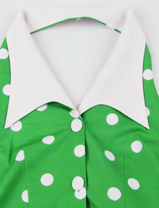 Green Polka Dots Halter Elastic Back High Waist 1950 Vintage Dress