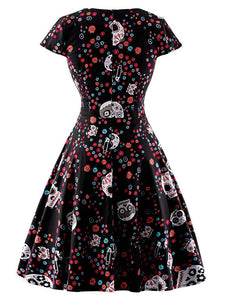 Halloween Red Skull Printed V Neck Vintage Dress