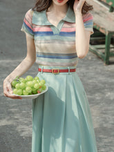 Load image into Gallery viewer, 2PS Green Stripe Knitted Lapel Shirt And Swing Skirt Dress Set