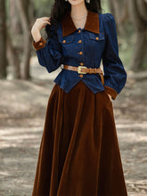 Load image into Gallery viewer, 2PS Denim Coat With Brown Velvet Swing Skirt 1950S Vintage Audrey Hepburn&#39;s Style Outfits