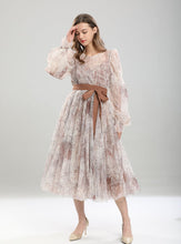 Load image into Gallery viewer, Retro Palace Puffed Sleeves Lace Tulle Print Vintage Swing Dress