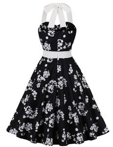 Light Blue Floral Print Halter High Waist 1950 Vintage Dress