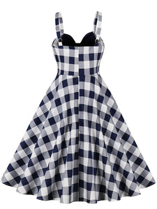 Navy Plaid Spaghetti Strap 1950S Vintage Swing Dress