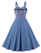 Load image into Gallery viewer, Blue Floral Print Spaghetti Strap Elastic Back High Waist 1950 Vintage Dress
