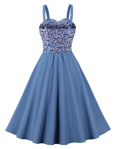 Blue Floral Print Spaghetti Strap Elastic Back High Waist 1950 Vintage Dress