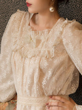 Load image into Gallery viewer, Champagne Ruffles Puff Sleeve Lace Vintage Victorian Dress