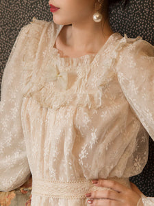 Champagne Ruffles Puff Sleeve Lace Vintage Victorian Dress