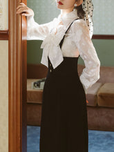 Load image into Gallery viewer, White Big Bowknot Flower Flocking Top With Black Strap Dress Set