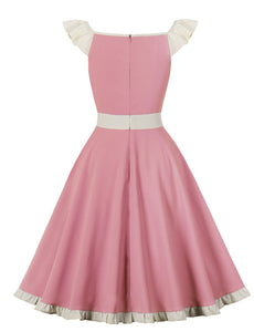 Purple Bowknot Ruffles Butterfly Sleeve 1950s Vintage Dress
