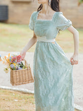Load image into Gallery viewer, Green Square Collar Puff Sleeve Summer 1950S Flower Vintage Dress