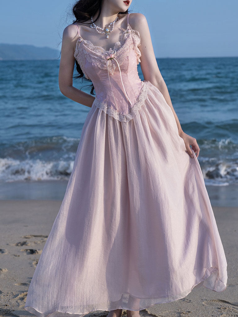 Pink Lace Corset Spaghetti Strap 1950S Vintage Dress Pink / XS